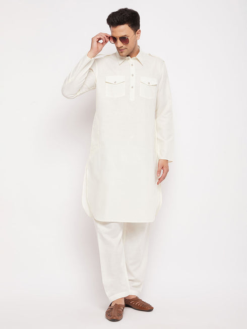 Vastramay Men's Cream Pathani Suit Set