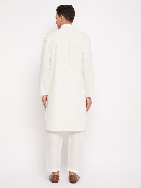 Vastramay Men's Cream Pathani Suit Set