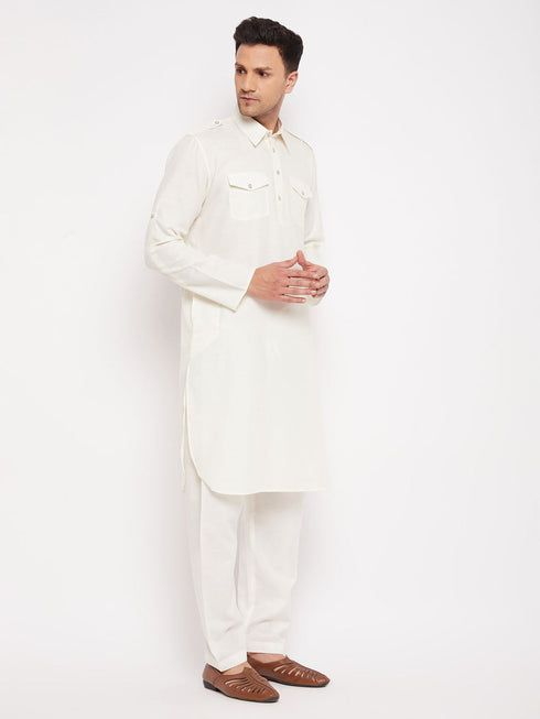 Vastramay Men's Cream Pathani Suit Set