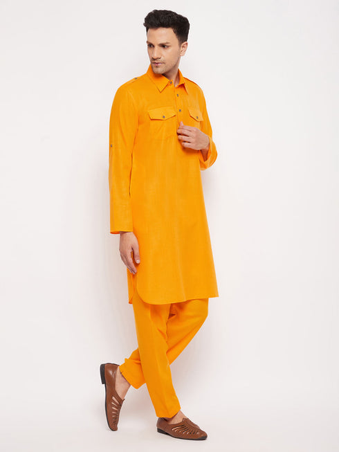 Vastramay Men's Mustard Pathani Suit Set