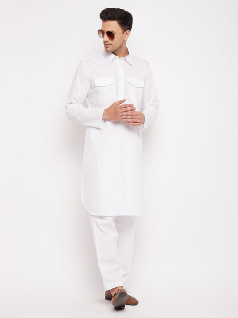 Vastramay Men's White Cotton Blend Pathani Suit Set