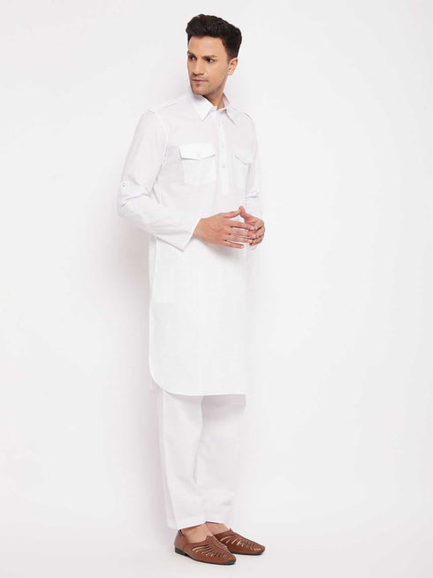 Vastramay Men's White Cotton Blend Pathani Suit Set