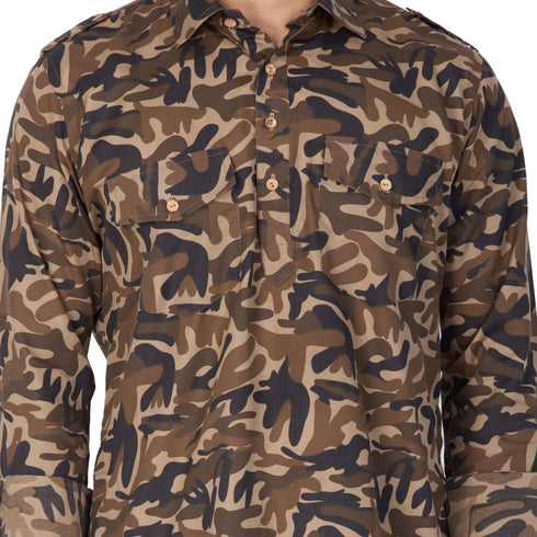 VASTRAMAY Men's Green camouflage Cotton Pathani Kurta