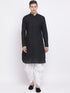 Vastramay Men's Black Cotton Linen Blend Pathani Kurta and White Dhoti Set