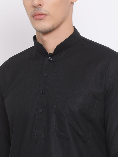 Vastramay Men's Black Cotton Linen Blend Pathani Kurta and White Dhoti Set