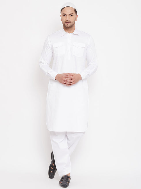 Vastramay Men's White Cotton Blend Pathani Kurta Set With Prayer Cap