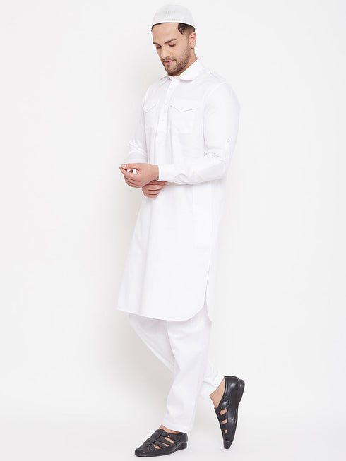 Vastramay Men's White Cotton Blend Pathani Kurta Set With Prayer Cap