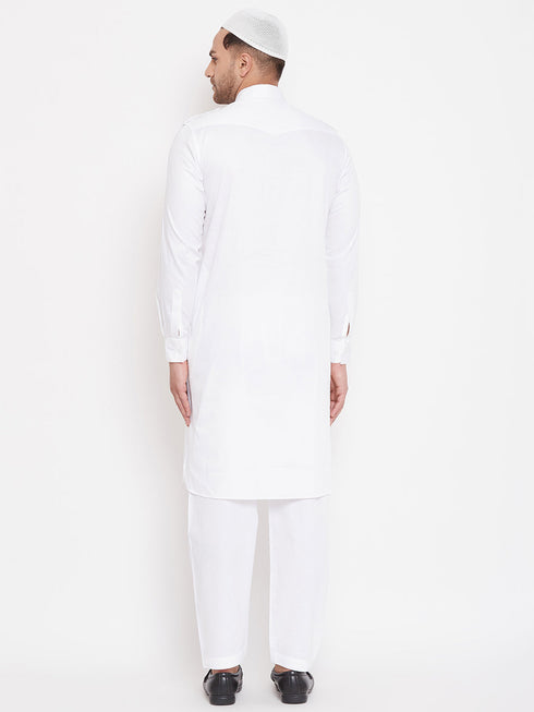 Vastramay Men's White Cotton Blend Pathani Kurta Set With Prayer Cap