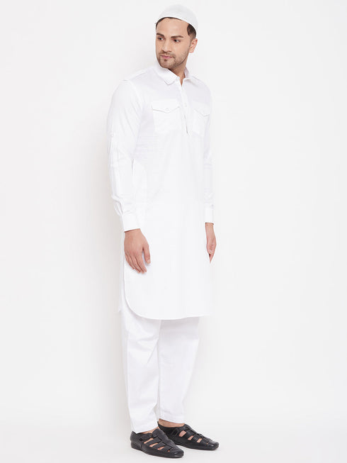 Vastramay Men's White Cotton Blend Pathani Kurta Set With Prayer Cap