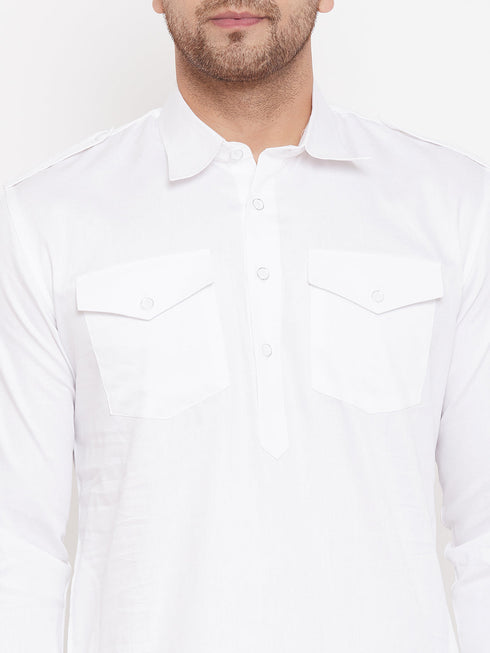 Vastramay Men's White Cotton Blend Pathani Kurta Set With Prayer Cap