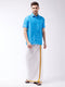 Vastramay Men's Aqua Blue And White Silk Blend Shirt And Mundu