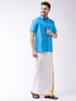 Vastramay Men's Aqua Blue And White Silk Blend Shirt And Mundu