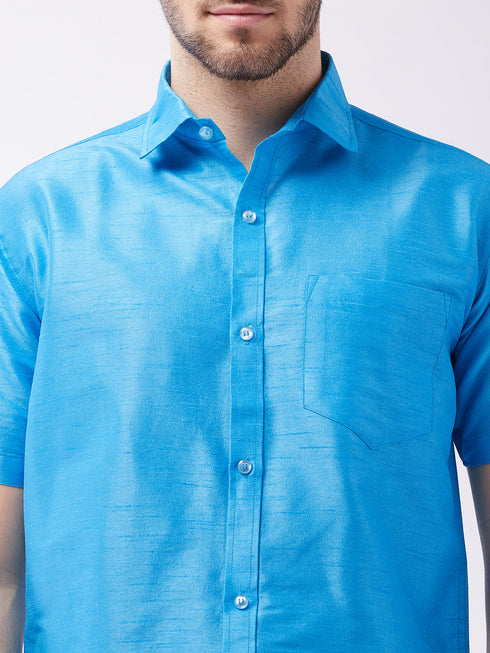 Vastramay Men's Aqua Blue And White Silk Blend Shirt And Mundu