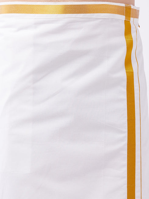 Vastramay Men's Aqua Blue And White Silk Blend Shirt And Mundu