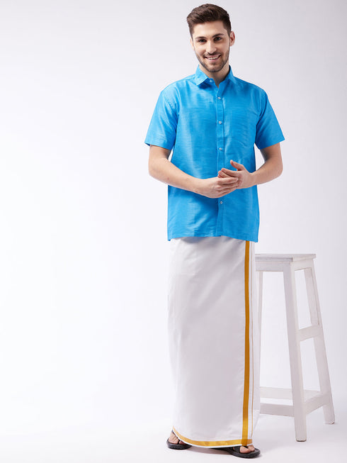 Vastramay Men's Aqua Blue And White Silk Blend Shirt And Mundu