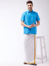 Vastramay Men's Aqua Blue And White Silk Blend Shirt And Mundu