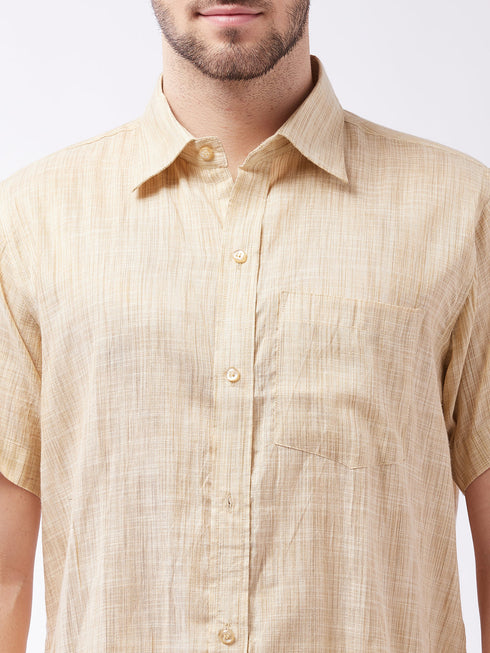 Vastramay Men's Beige And White Cotton Blend Shirt And Mundu