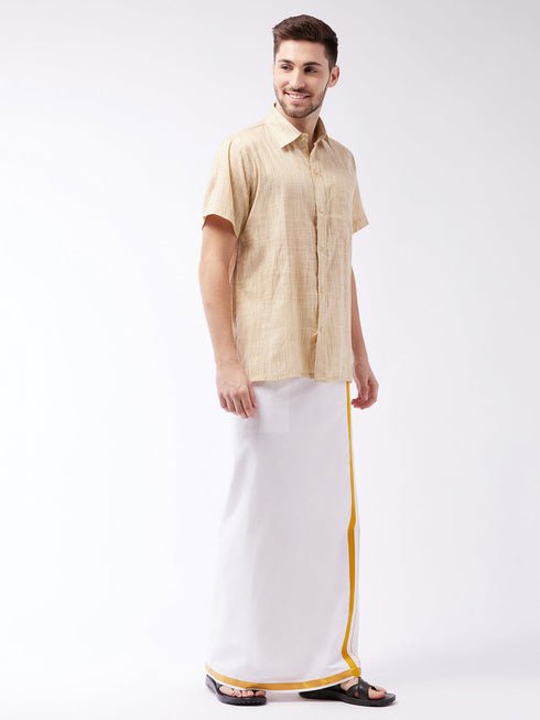 Vastramay Men's Beige And White Cotton Blend Shirt And Mundu
