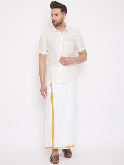 Vastramay Men's Cream and White Silk Blend Shirt And Mundu Set