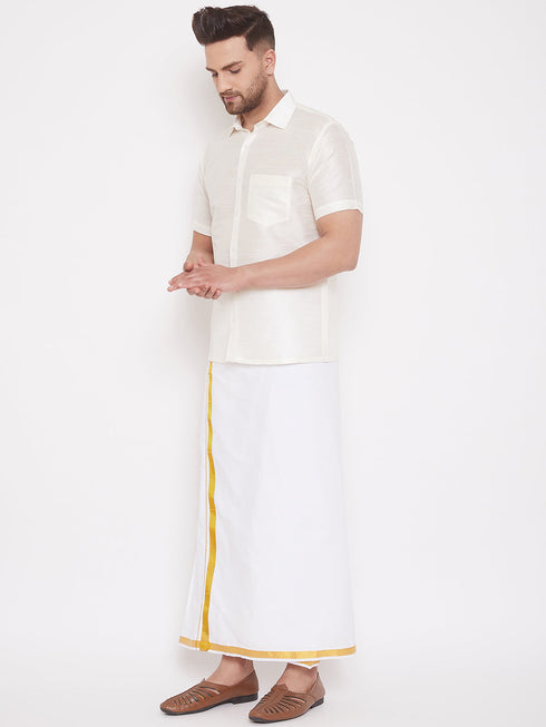 Vastramay Men's Cream and White Silk Blend Shirt And Mundu Set