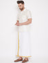 Vastramay Men's Cream and White Silk Blend Shirt And Mundu Set