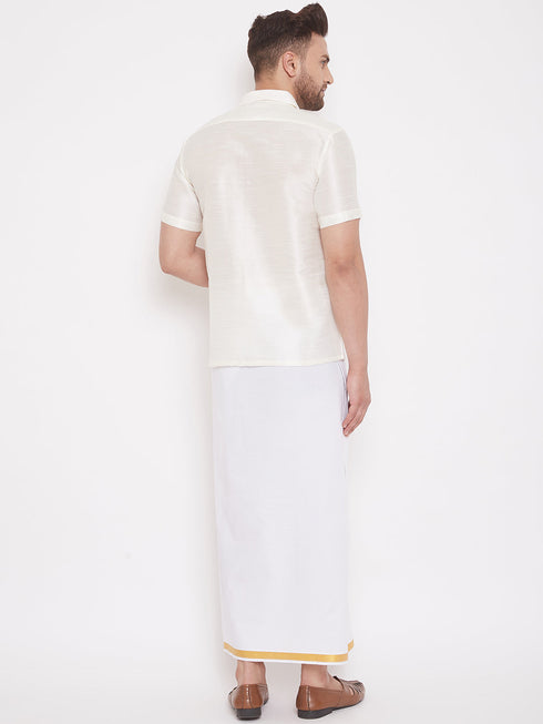 Vastramay Men's Cream and White Silk Blend Shirt And Mundu Set