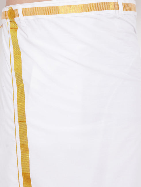 Vastramay Men's Cream and White Silk Blend Shirt And Mundu Set