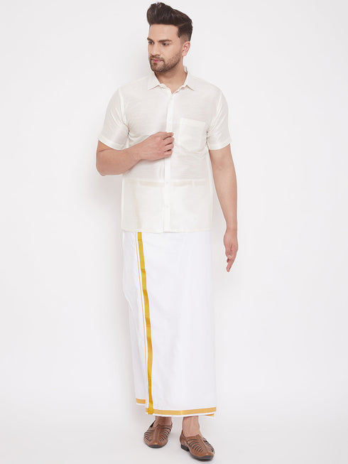 Vastramay Men's Cream and White Silk Blend Shirt And Mundu Set