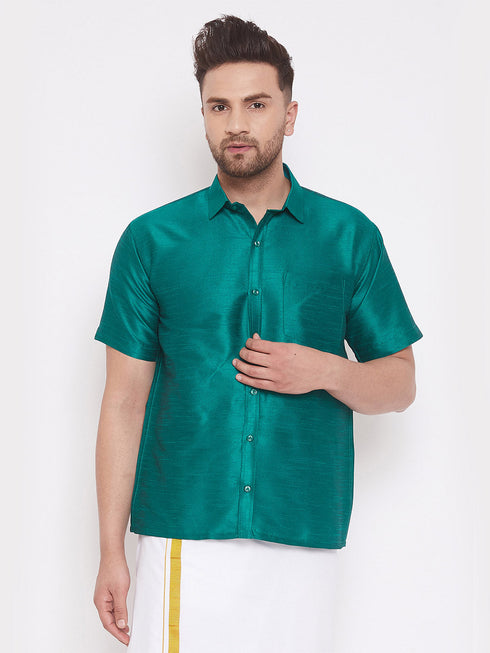 Vastramay Men's Green Silk Blend Ethnic Shirt
