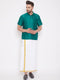 Vastramay Men's Green and White Silk Blend Shirt And Mundu Set