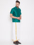 Vastramay Men's Green and White Silk Blend Shirt And Mundu Set