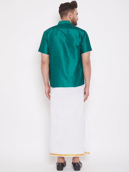Vastramay Men's Green and White Silk Blend Shirt And Mundu Set
