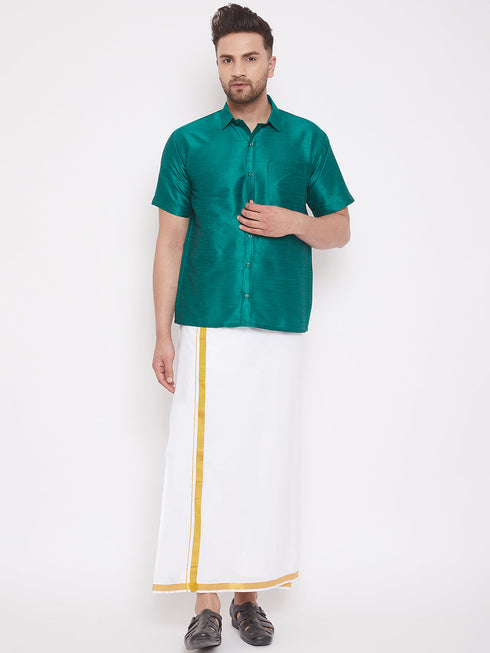Vastramay Men's Green and White Silk Blend Shirt And Mundu Set