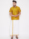 Vastramay Men's Mustard and White Silk Blend Shirt And Mundu Set