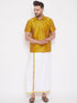 Vastramay Men's Mustard and White Silk Blend Shirt And Mundu Set