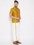 Vastramay Men's Mustard and White Silk Blend Shirt And Mundu Set