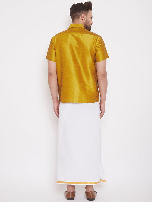 Vastramay Men's Mustard and White Silk Blend Shirt And Mundu Set