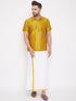 Vastramay Men's Mustard and White Silk Blend Shirt And Mundu Set