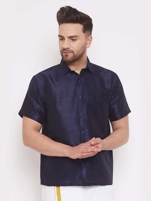 Vastramay Men's Navy Blue Silk Blend Ethnic Shirt