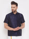 Vastramay Men's Navy Blue Silk Blend Ethnic Shirt