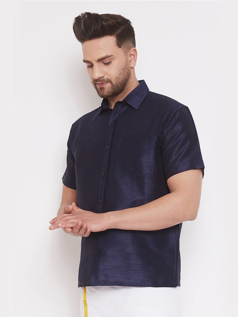 Vastramay Men's Navy Blue Silk Blend Ethnic Shirt