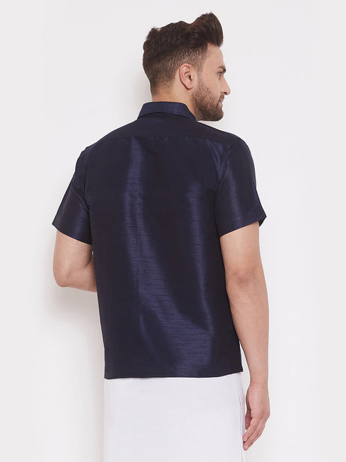 Vastramay Men's Navy Blue Silk Blend Ethnic Shirt