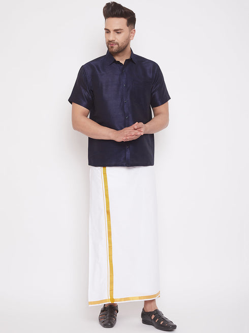 Vastramay Men's Navy Blue and White Silk Blend Shirt And Mundu Set