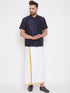 Vastramay Men's Navy Blue and White Silk Blend Shirt And Mundu Set