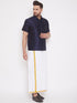 Vastramay Men's Navy Blue and White Silk Blend Shirt And Mundu Set