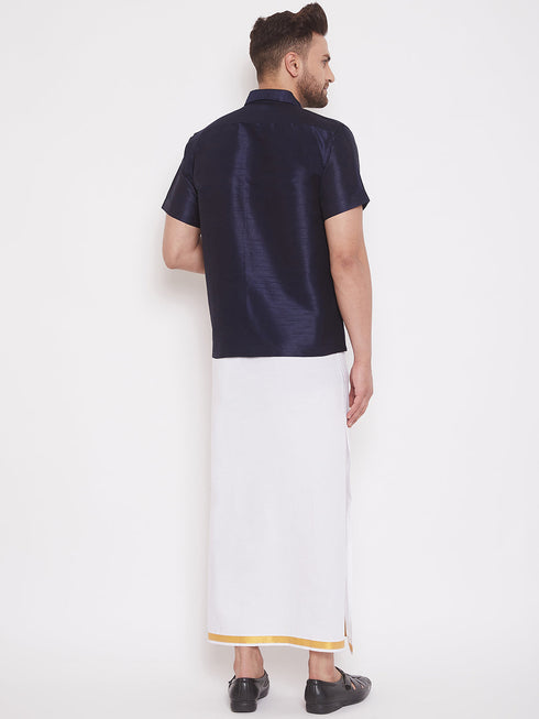 Vastramay Men's Navy Blue and White Silk Blend Shirt And Mundu Set