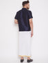 Vastramay Men's Navy Blue and White Silk Blend Shirt And Mundu Set