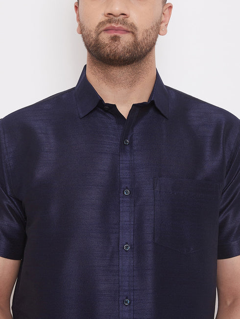 Vastramay Men's Navy Blue and White Silk Blend Shirt And Mundu Set