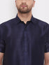 Vastramay Men's Navy Blue and White Silk Blend Shirt And Mundu Set