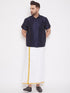 Vastramay Men's Navy Blue and White Silk Blend Shirt And Mundu Set